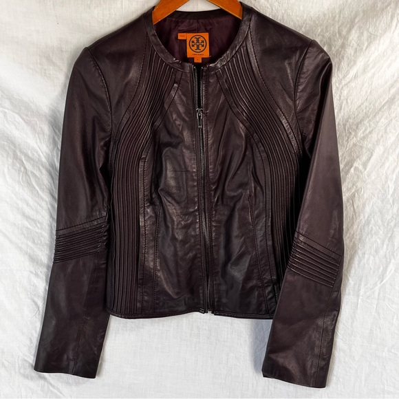 Tory Burch Leather Jacket Women Size 6 Oxblood Burgundy Zip Cropped Moto Coat - Picture 16 of 16